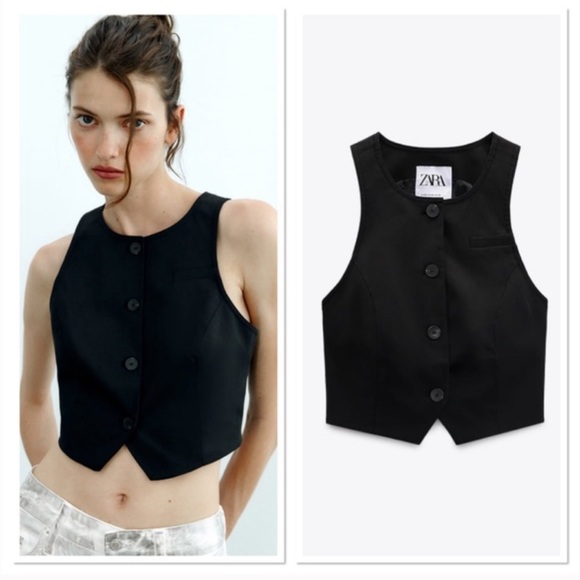Zara Black Cropped Button Down Vest Size XL - Picture 6 of 11